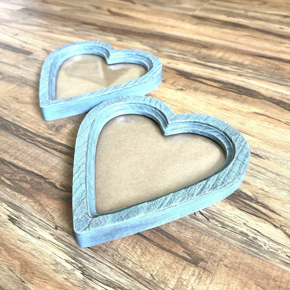 Set of 2 Heart Shaped Picture Frames 8x7.75 Blue Faux Wood Rustic Decor